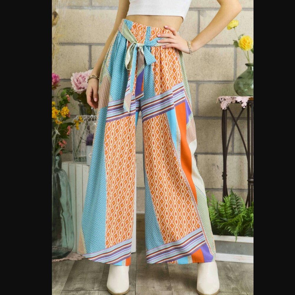 ADORA Wide Leg Boho Pants in Turquoise, Orange, Purple & White